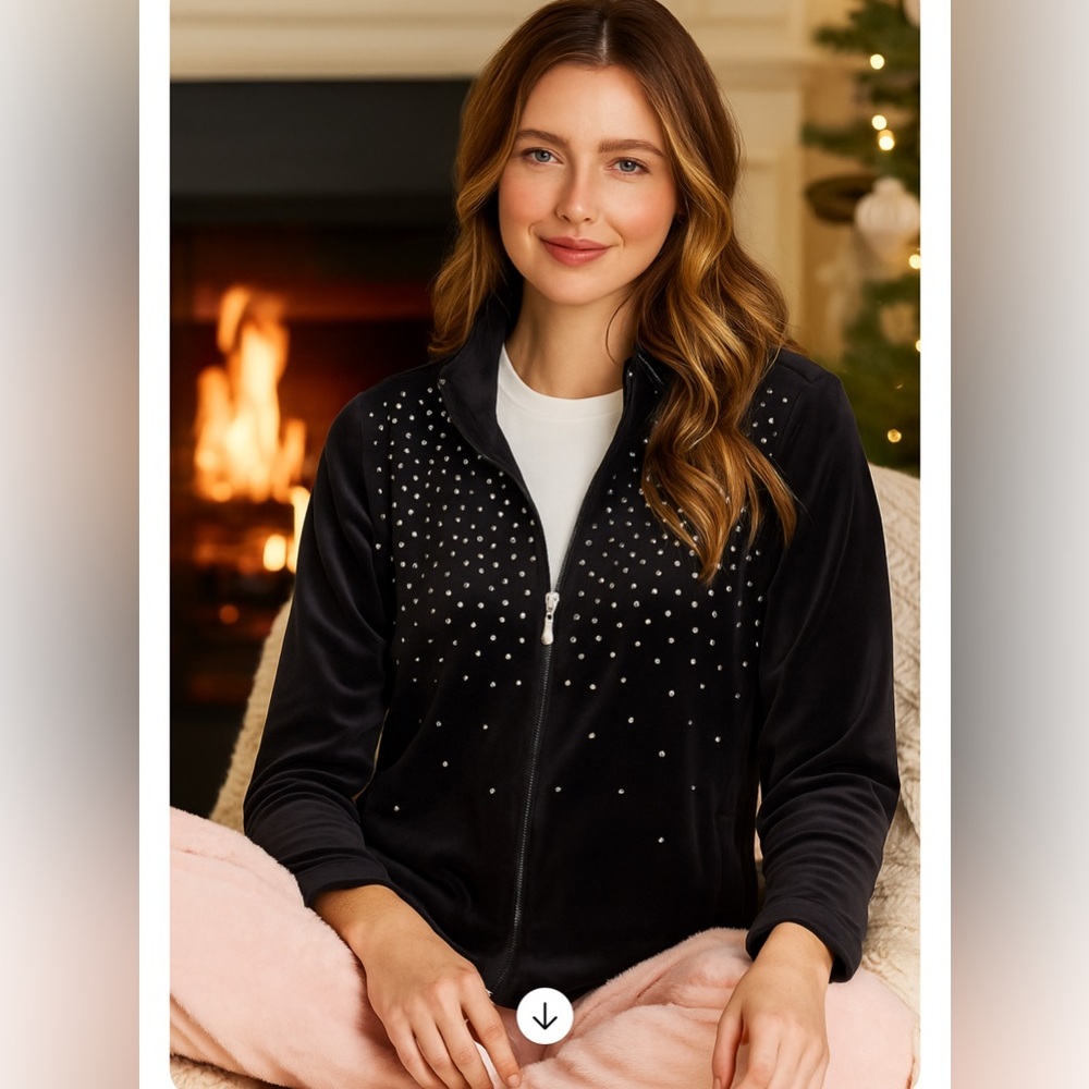 ONQUE CASUALS | Black Velour Long Sleeve Zipper Front Jacket Silver Studs
